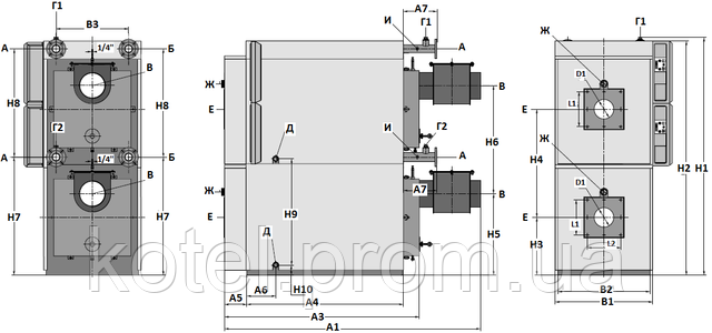 Схема і розміри вертикального термоблоку Колві 540 Д