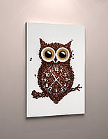 Картина на холсте с часами ночная сова сделанная из кофейного зерна кофе габарит 60*40
