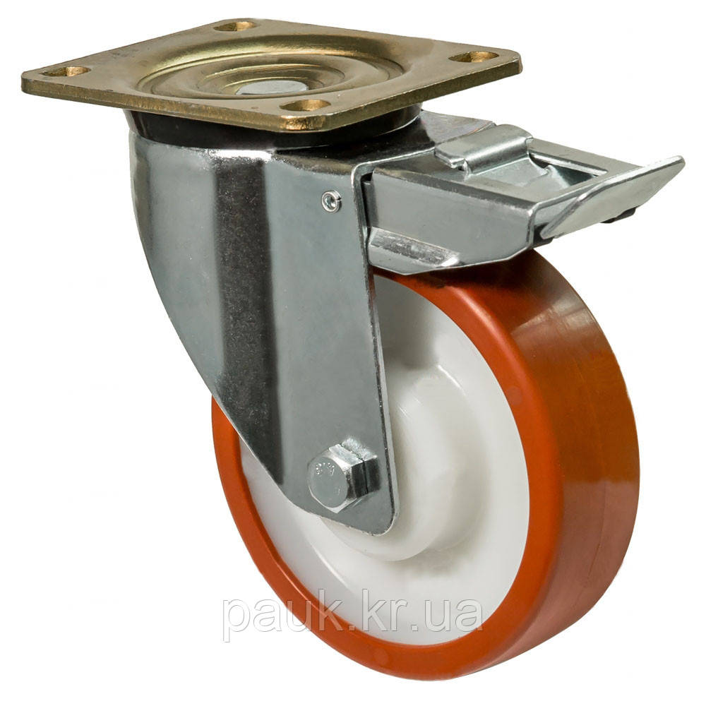 Колесо 6304-M-201-P, Ø 200 мм, 63 Medium, поворотне колесо посилене з гальмом, колесо з поліаміду та поліуретану, з кронштейном, фото 1