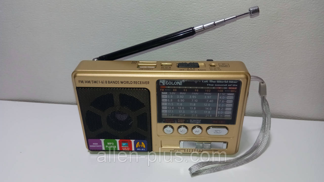 Радіоприймач багатодіапазонний GOLON RX-181, FM/AM/SW(1-6), USB/microSD, mp3, акумулятор Li-Ion 600mAh BL-5С