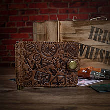 Затискач для грошей на кнопці з художнім тисненням "Поїхали у подорож!" із натуральної шкіри Crazy Horse