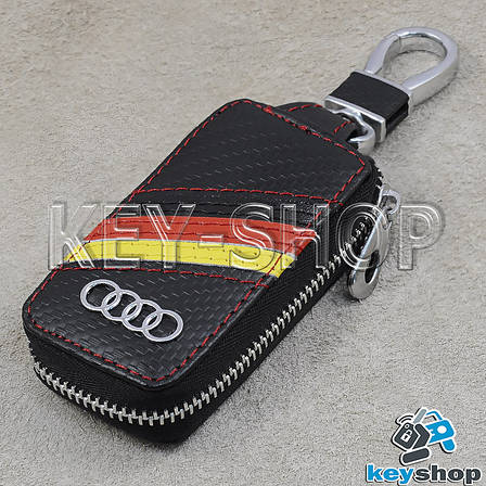 Ключниця (чорна, шкіряна, під карбон, з прапором, з карабіном, кільцем), логотип авто Audi (Ауді), фото 2
