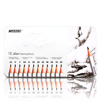 Набір графітних олівців 2H-8B, 12 штук в металевому пеналі Marco Raffine7000-12TN