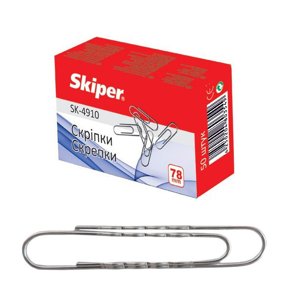 Скріпки нікельовані, круглі, 78 мм, 50 штук, Skiper SK-4910
