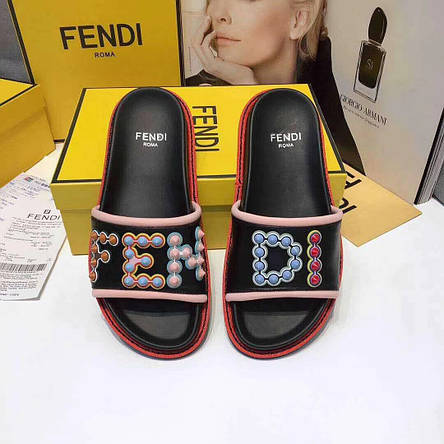 Жіночі кольорові шкіряні шльопанці Fendi Фенді сланці шльопанці пляжні в басейн, фото 1