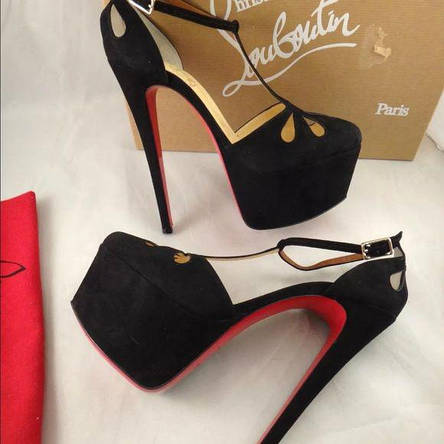 Жіночі чорні замшеві босоніжки на платформі з підбором Louboutin Amyada 16 см Лабутини туфлі, фото 1