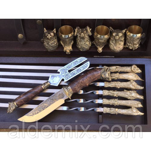 "Трофей" ексклюзивний набір шампурів. Шампура ручної роботи з ножем в кейсі
