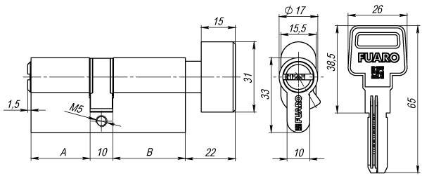 Циліндровий механізм R602/60mm 30/30T (25+10+25) з тумблером BBP- матова латунь BRASS 26125 FUARO Китай, фото 3
