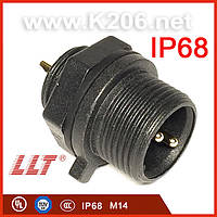 LLT-M14-1502MGY Разъем герметичный 2pin, "папа"; монтаж на панель, 15A/500V; IP68; Размер M14