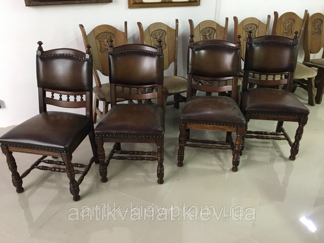 Антикварный дубовый обеденный стол с кожаными стульями бюро секретер креденс сервант комод - фото 3 - id-p724574532