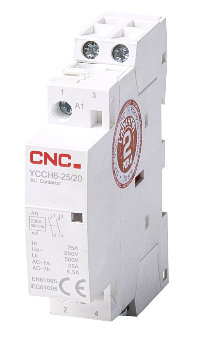 Пускач модульний YCCH6-25, 2P, 220В, 1NO+1NC, 25A, CNC