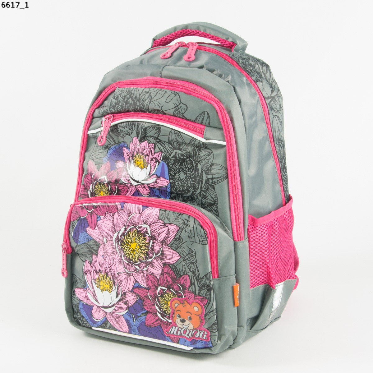 Якісний шкільний рюкзак для дівчаток з квітами - сірий - 6617