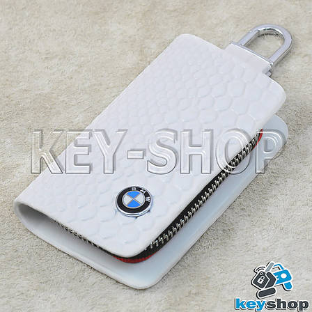 Ключниця кишенькова (біла "зміїна шкіра" на блискавці, з карабіном, кільцем), логотип авто BMW (БМВ), фото 2