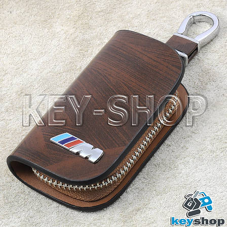 Ключниця кишенькова (шкіряна, коричнева, з візерунком, на блискавці, з карабіном, кільцем) логотип BMW M (БМВ М), фото 2