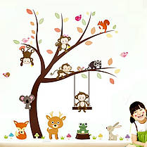 Наклейка на стіну, вінілові наклейки в дитячу (осінніше дерево та звірі) 100*97 см (лист60*90см), фото 3