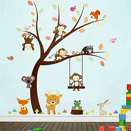 Наклейка на стіну, вінілові наклейки в дитячу (осінніше дерево та звірі) 100*97 см (лист60*90см), фото 2
