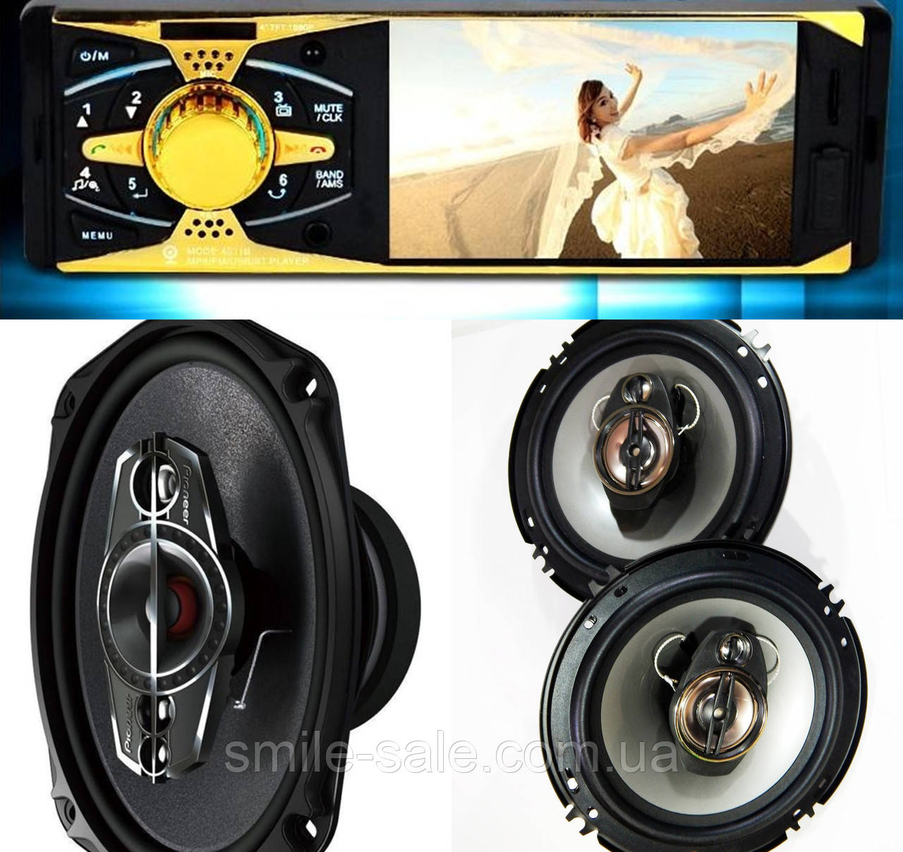 Набір Автозвуку з МР4 ВІДЕО Магнітолою Pioneer 4011CRB+ Овали 600W + круглі 16 см 300W! НОВИНКА