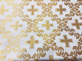Тканина церковна Царський хрест біла  шовк/ золото Ткань церковная
