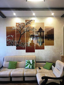 Модульная картина из 5 частей с изображением сакуры на озере в интерьере