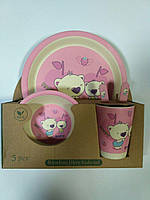 Дитячий набір посуду з бамбука Happy Baby рожевий xiyibaby