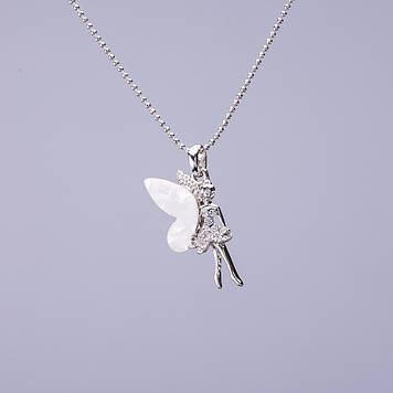 Кулон "Ельфіна" на жетонної ланцюжку білий перламутр d-20х10мм L-50см сірий метал