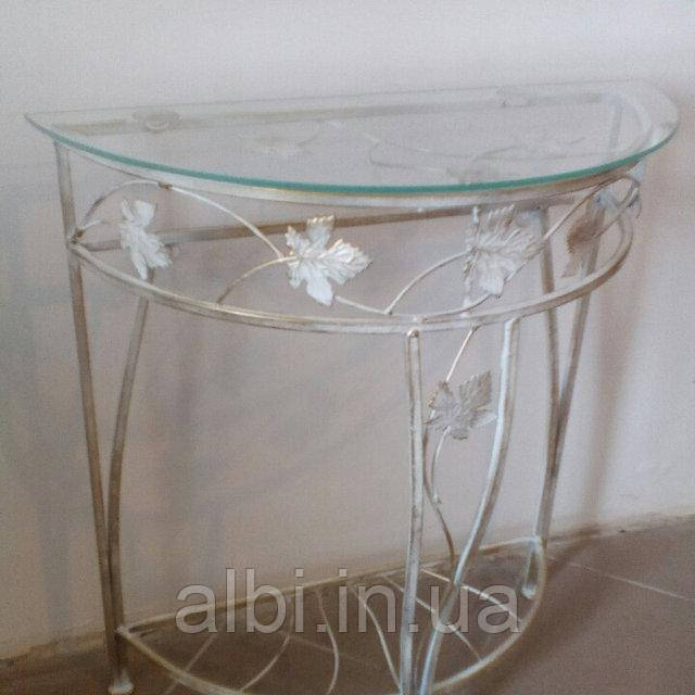 Консоль середня біла-беж, кований стіл, стіл із металу зі скляною стільницею