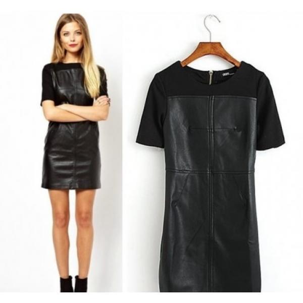 Жіноче шкіряне плаття з коротким рукавом, плаття вільного покрою, фото 1