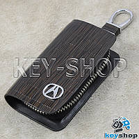 Ключница карманная (кожаная, коричневая, с тиснением, на молнии, с карабином, с кольцом), лого Acura (Акура)