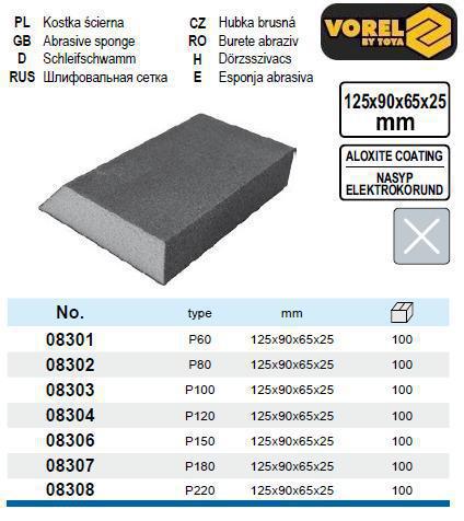 Губка шліфувальна трепецеподібна Р100 125х90х65 м h-25 мм VOREL-08303