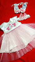 Іменний хрестинний комплект для дівчинки "Вензель" з пишним платтям, пов'язкою і пінетки