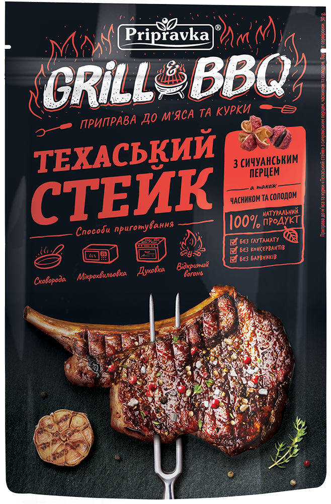 Grill&BBQ Pripravka Приправа для м'яса та курки Техаський стейк із сичуанським перцем часником та солодом 30г