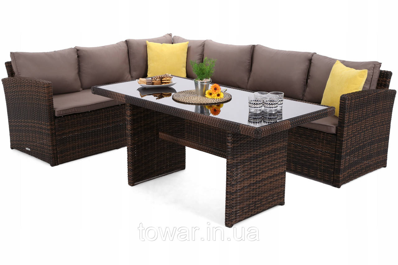 Кутовий диван + стіл, техноротанг, Santiago, колір — коричневий