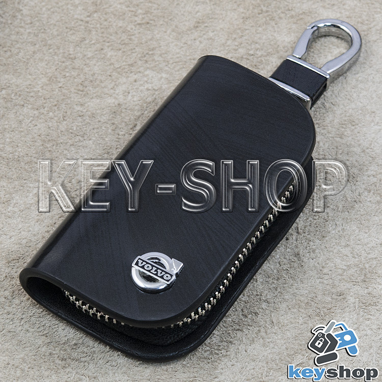 Ключниця кишенькова (шкіряна, чорна, з візерунком, на блискавці, з карабіном, кільцем), логотип Volvo (Вольво)