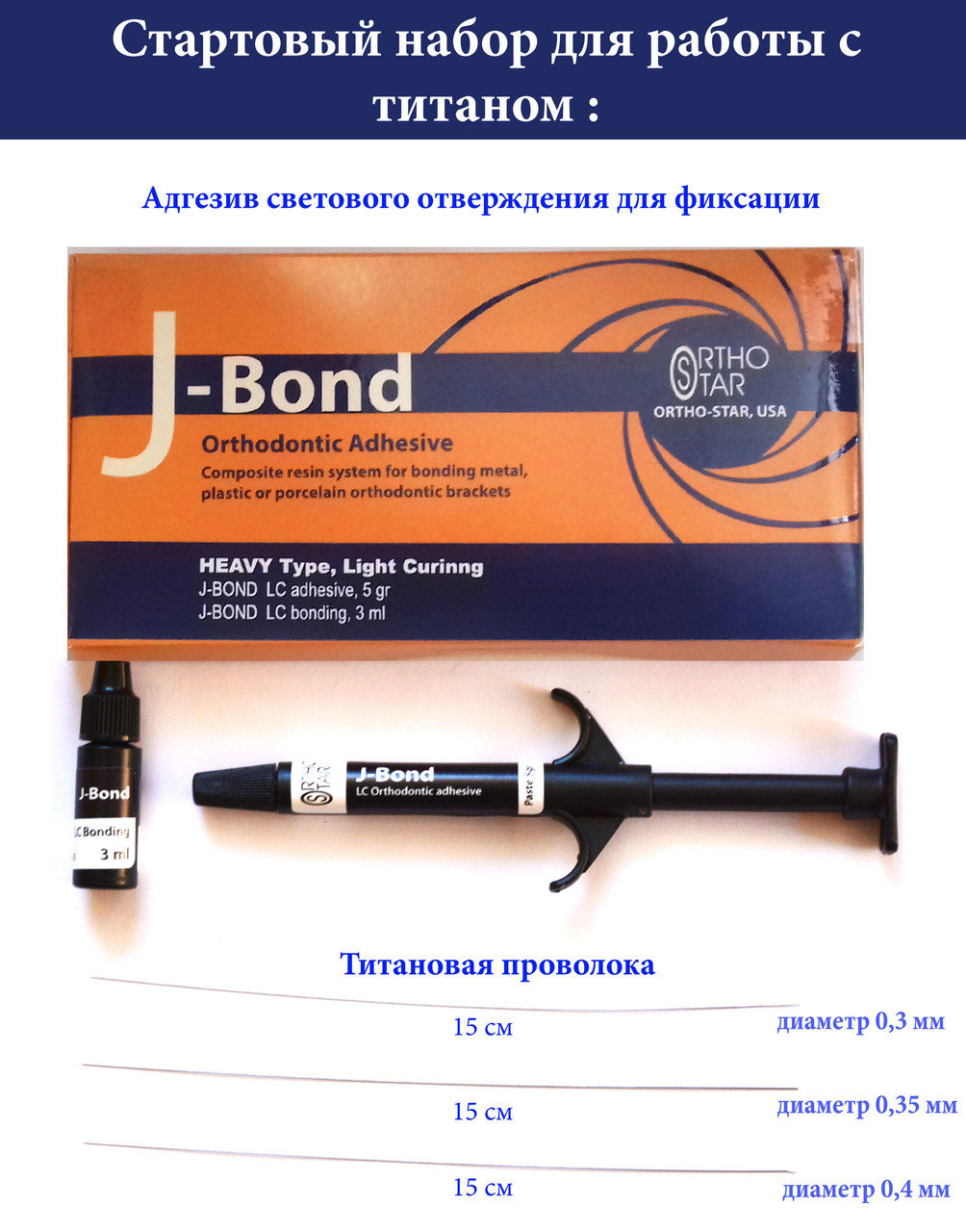 Стартовий набір: пастоподібний адгезив J-Bond LC (5 г) + BOND (3 мл) + 3 відрізки титанової нитки