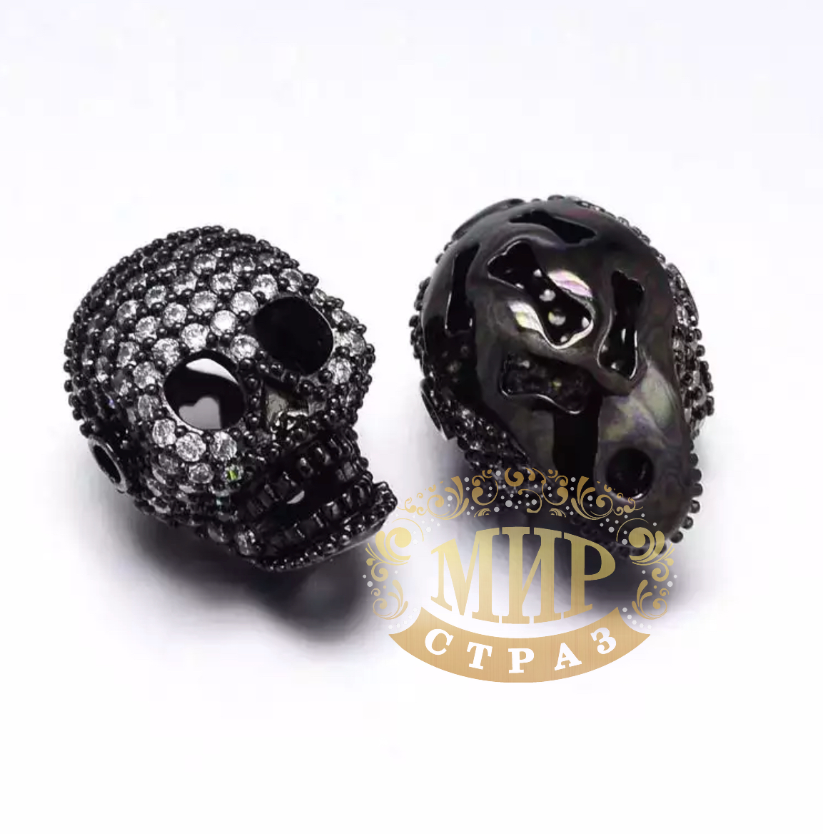 Бусина-череп з цирконієм, колір Black, 13х17мм, 1 шт.
