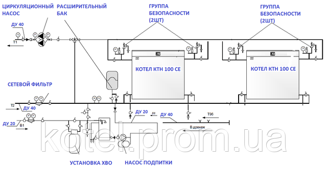 Гидравлическая схема котельной КМ-2 200 кВт с котлами КТН 100 СЕ