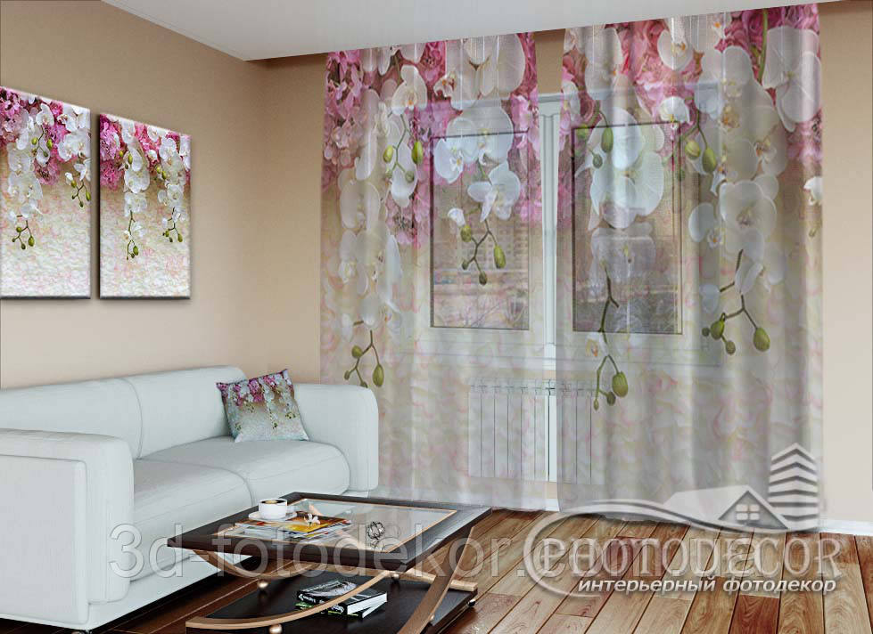 3D - Фото Тюль "Ламбрекени з білих орхідей", 2,70м, ширина - 2,28м (2 полотна по 1,14) тасьма