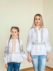 Комплект вишиванок для мами та доньки. Домоткане полотно з коричневою вишивкою