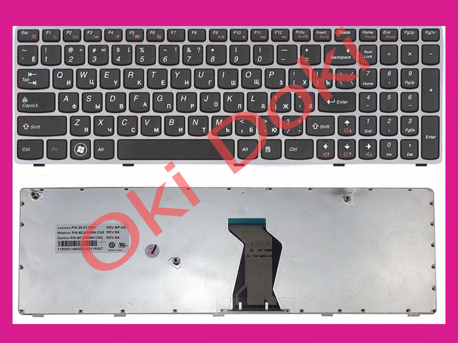 Клавіатура Lenovo IdeaPad B570 B575 B580 B590 V570 V575 V580 Z570 Z575 чорна зі світлою сірою рамкою