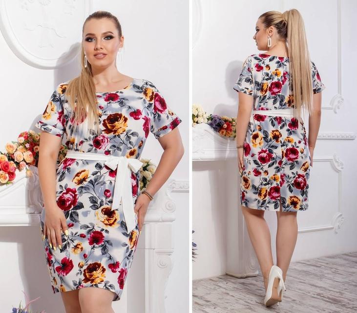 Плаття з поясом-баталом, модель 110, принт жовто-червона троянда на білому тлі, фото 1