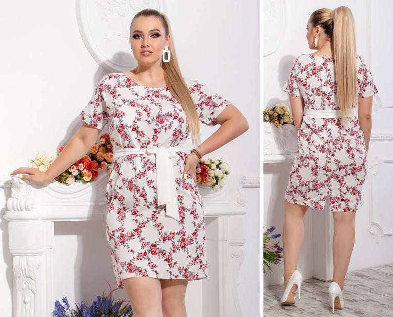 Сукня з поясом-Батал , модель 110, принт дрібні червоні квіточки на білому тлі, фото 1