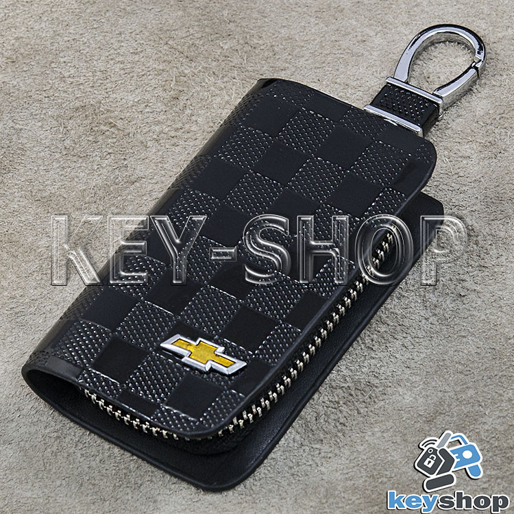 Ключниця кишенькова (шкіряна, чорна, з тисненням, на блискавці, з карабіном) логотип авто Chevrolet (Шевроле)