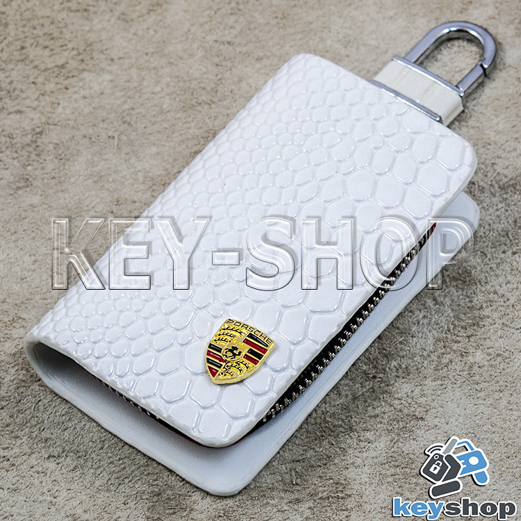 Ключниця кишенькова (біла, "зміїна шкіра", на блискавці, з карабіном, кільцем), логотип авто Porsche (Порше)