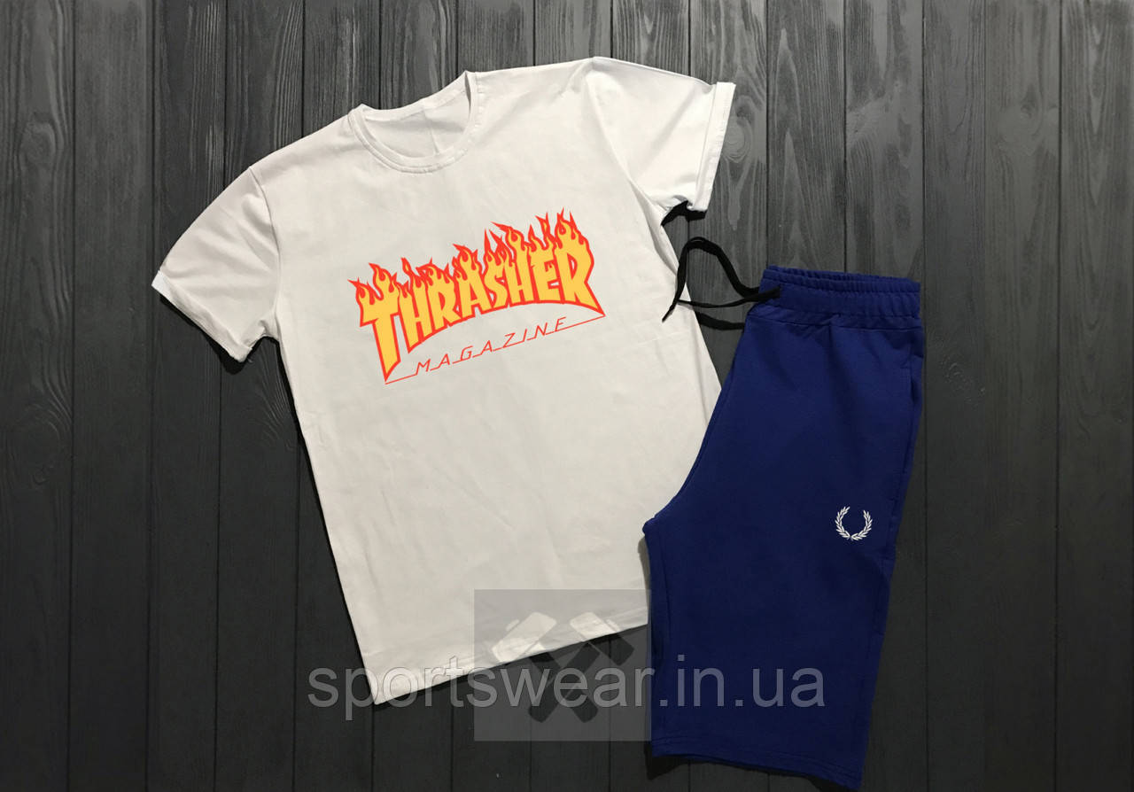 Чоловічий комплект футболка + шорти Thrasher білого і синього кольору "" В стилі Thrasher ""