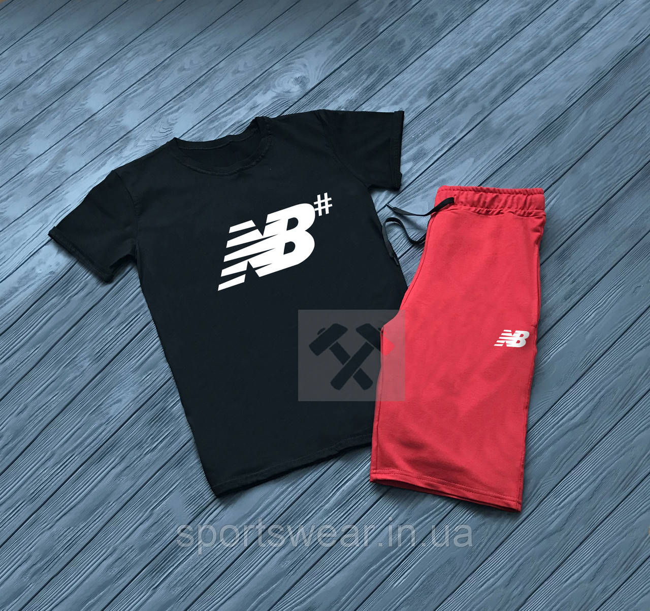 Чоловічий комплект футболка + шорти New Balance чорного і червоного кольору "" В стилі Monster ""