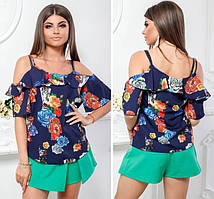 Жіночна блузка модель 108, принт оранжево-блакитні квіти на темно-синьому тлі