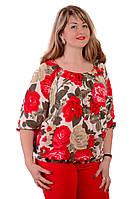 Блуза шелковая крепдешин шелк натуральный женская Бл 016-002 Драпировка, Воздухопроницаемость, 50 красные цветы