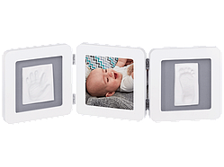 Рамочка Baby Art Потрійна з відбитком ручки ніжки малюка біло-сіра