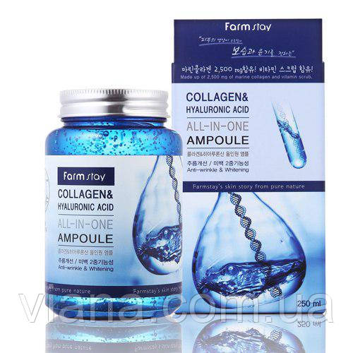 Ампульна сироватка з колагеном і гіалуроновою кислотою FARM STAY Collagen & Hyaluronic Acid All-In-One 250ml