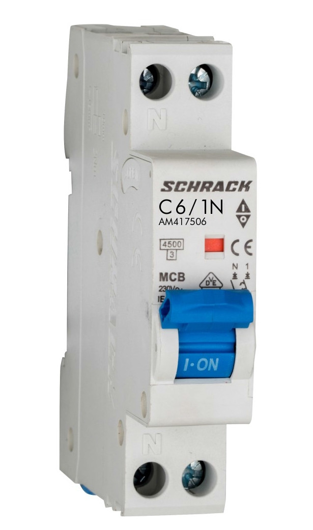 Автоматичний вимикач з вбудованою нейтраллю 4.5 кА 1P+N 6А х-ка C Schrack, фото 1